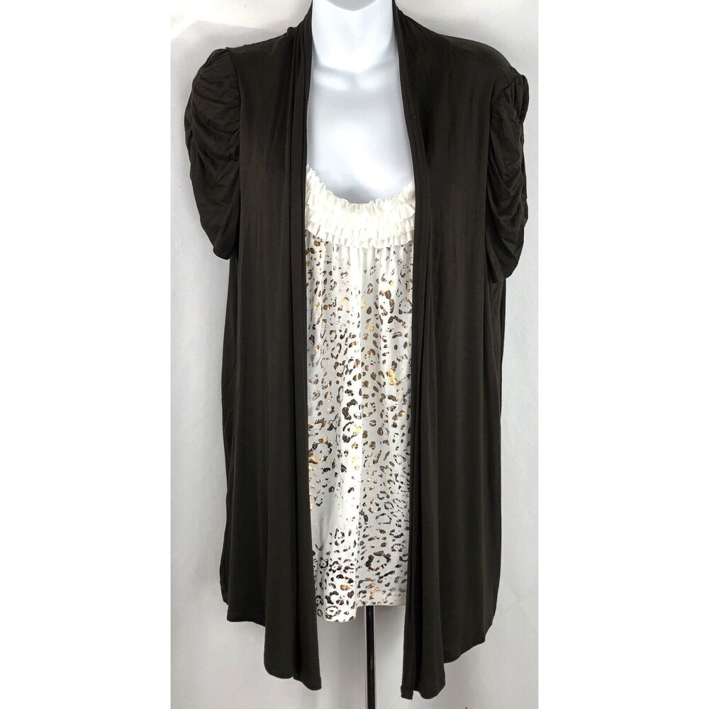 AB combo cardigan top XL brown ivory Leopard ruffle scoopneck ruched shortsleeve